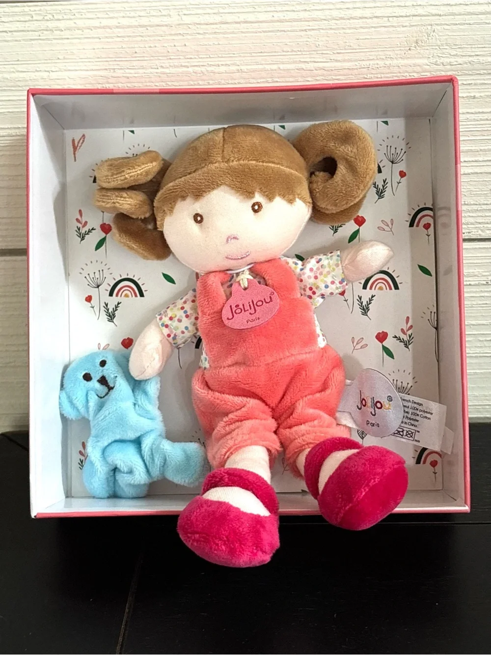 Jolijou Paris Soft My First Doll Pink Overall Brown Eyes & Pigtail Blue Bear NEW